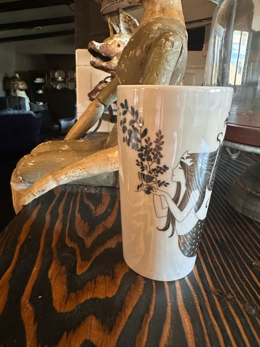 Starbucks White Ceramic Tumbler with Silver Mermaid Illustration EUC